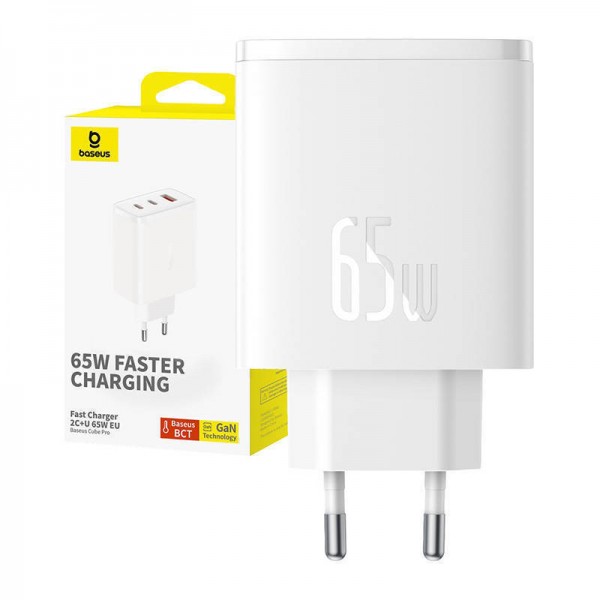 Baseus Φορτιστής Χωρίς Καλώδιο με Θύρα USB-A και 2 Θύρες USB-C 65W Power Delivery / Quick Charge 3.0 Λευκός (Cube Pro) - BASEUS