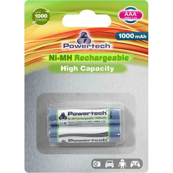 POWERTECH επαναφορτιζόμενη μπαταρία PT-941, AAA HR03, 1000mAh, 2τμχ - Home Garden Hobby