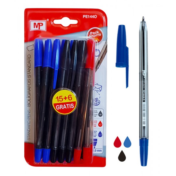 MP στυλό διαρκείας PE144O, 1mm, μπλε, μαύρο & κόκκινο, 21τμχ - Αναλώσιμα - Είδη Γραφείου