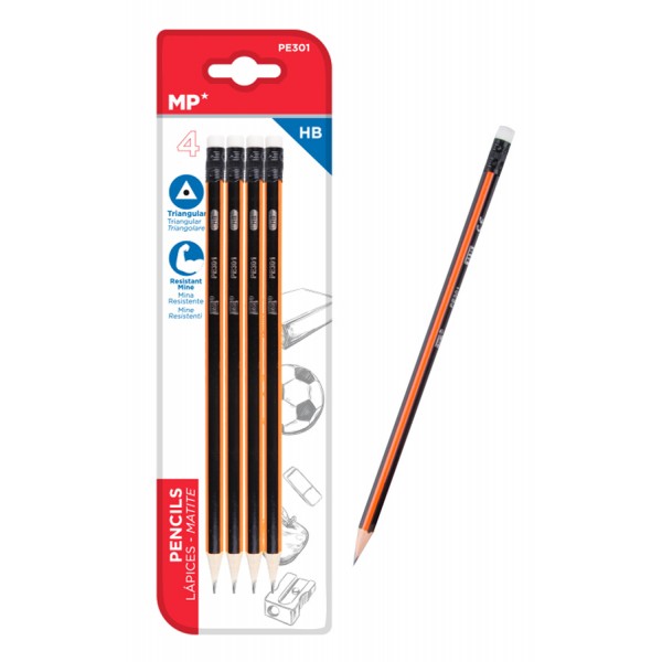 MP ξύλινο μολύβι με γόμα PE301, τρίγωνο, HB, 4τμχ - Γραφική Ύλη