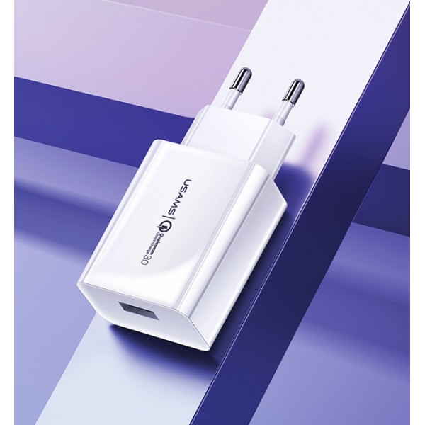 USAMS φορτιστής τοίχου T22, 1x USB, QC3.0 18W 3A, λευκός - Αξεσουάρ Κινητών