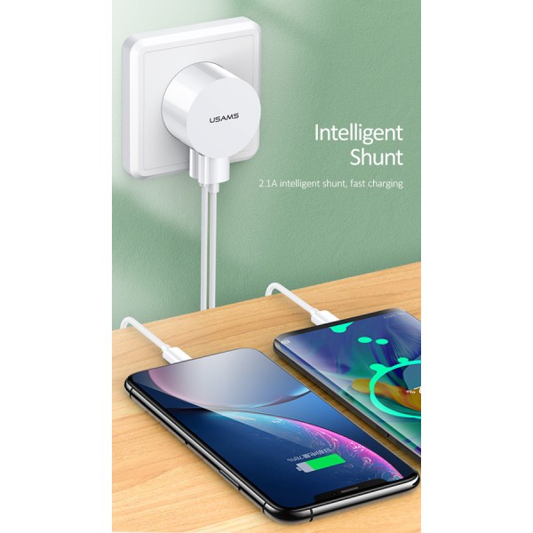 USAMS φορτιστής τοίχου T20, 2x USB, 2.1A, λευκός - Αξεσουάρ Κινητών