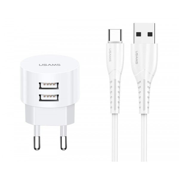 USAMS φορτιστής τοίχου T20 & καλώδιο type-C, 2x USB, 2.1A, λευκός - Αξεσουάρ Κινητών