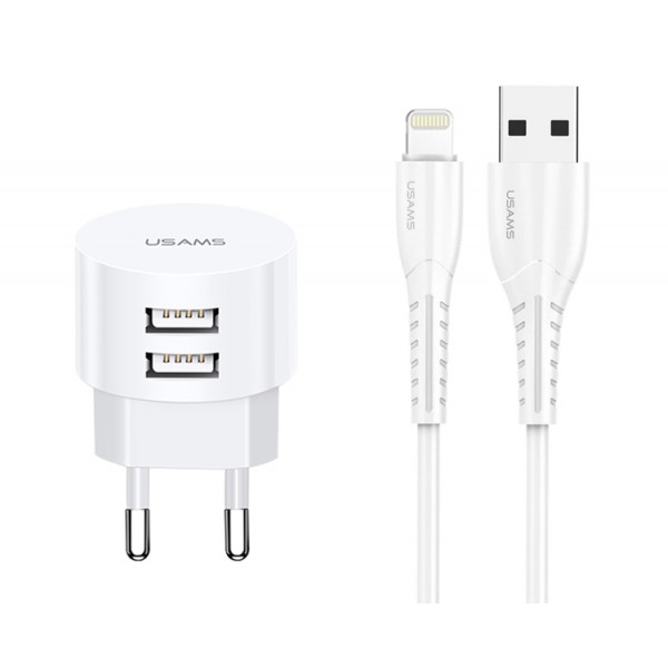 USAMS φορτιστής τοίχου T20 & καλώδιο Lightning, 2x USB, 2.1A, λευκός - Αξεσουάρ Κινητών