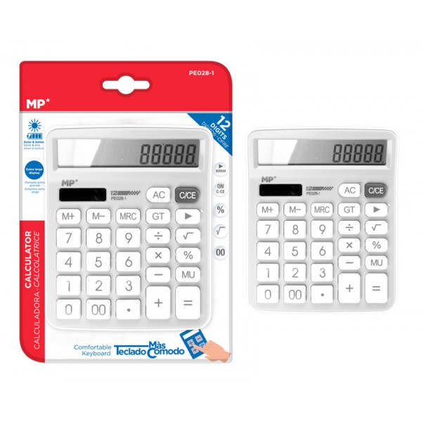 MP αριθμομηχανή PE028, ηλιακό & μπαταρίες, 12 ψηφία, λευκή - Γραφική Ύλη