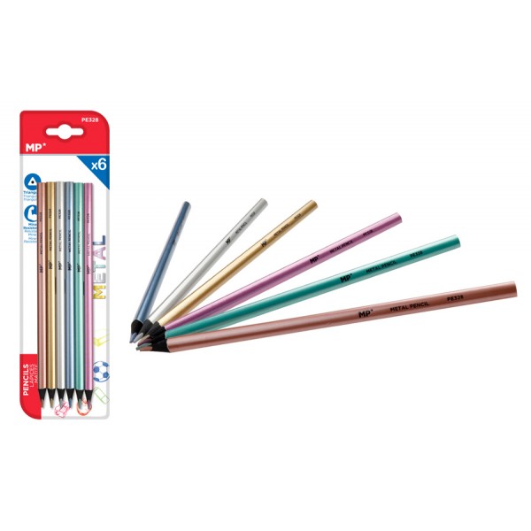 MP χρωματιστές ξυλομπογιές PE328, τρίγωνες, μεταλλικό χρώμα, 6τμχ - Γραφική Ύλη