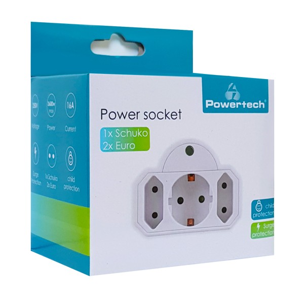 POWERTECH αντάπτορας ρεύματος PT-816, 1x schuko, 2x euro, 16A, λευκός - Τροφοδοσία Ρεύματος