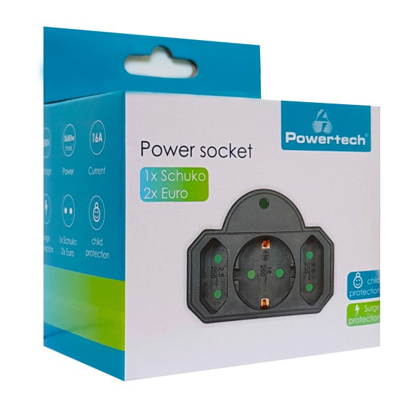 POWERTECH αντάπτορας ρεύματος PT-817, 1x schuko, 2x euro, 16A, μαύρος - Τροφοδοσία Ρεύματος