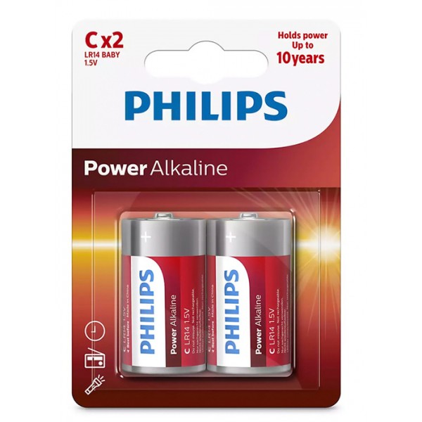 PHILIPS Power αλκαλικές μπαταρίες LR14P2B/05, Baby C LR14 1.5V, 2τμχ - Philips