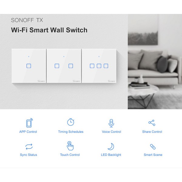 SONOFF smart διακόπτης ΤΧ-T2EU1C, αφής, Wi-Fi, μονός, λευκός