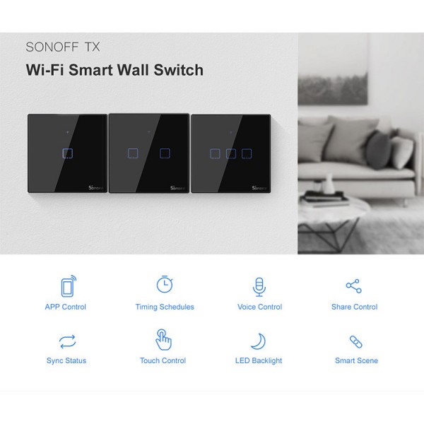 SONOFF smart διακόπτης ΤΧ-T3EU1C, αφής, Wi-Fi, μονός, μαύρος