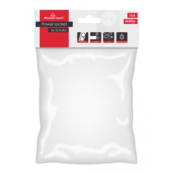POWERTECH πολύπριζο PT-869, 5x schuko, 16A, 1.5m, λευκό - Τροφοδοσία Ρεύματος