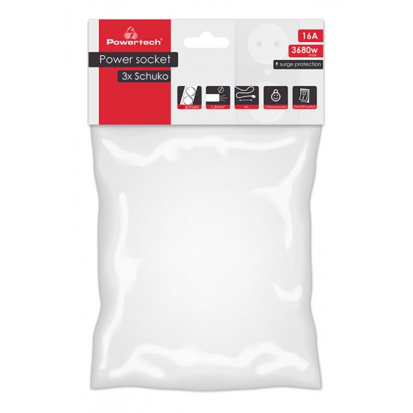 POWERTECH πολύπριζο ασφαλείας PT-879, 3x schuko, 16A, 1.5m, λευκό - Τροφοδοσία Ρεύματος