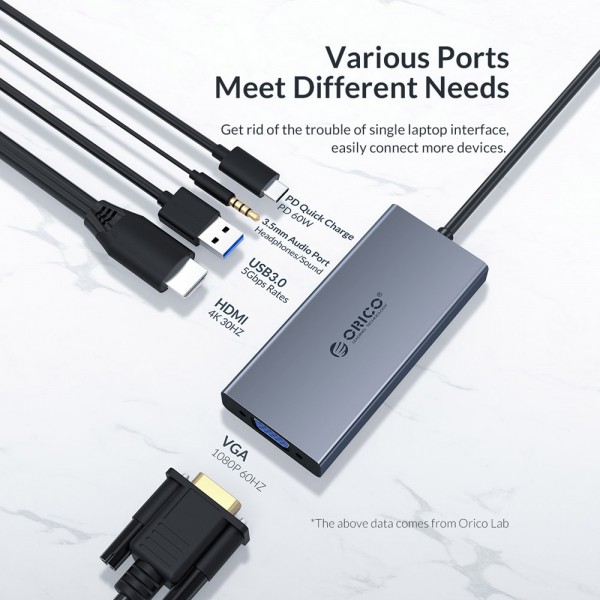 ORICO docking station MC-U501P, 5 θυρών, USB-C σύνδεση, 60W PD, 4K, γκρι - ORICO