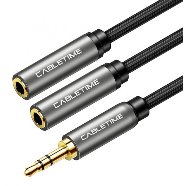 CABLETIME καλώδιο ήχου 3.5mm σε 2x 3.5mm CT-P12G, 3-pole, 20cm, μαύρο - CABLETIME