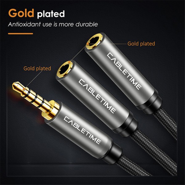 CABLETIME καλώδιο ήχου 3.5mm σε 2x 3.5mm CT-P12G4P, 4-pole, 20cm, μαύρο - CABLETIME