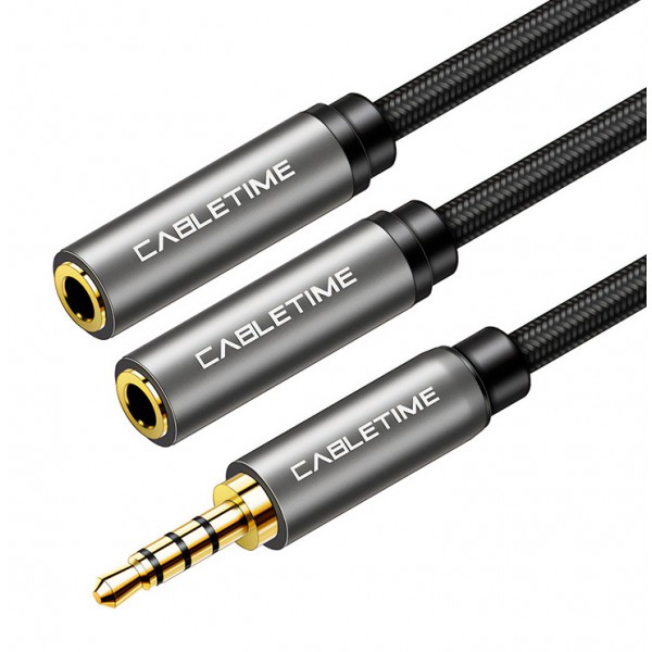 CABLETIME καλώδιο ήχου 3.5mm σε 2x 3.5mm CT-P12G4P, 4-pole, 20cm, μαύρο - CABLETIME
