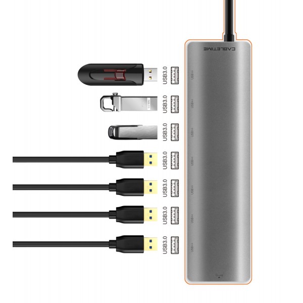 CABLETIME USB-C hub C160, 7x USB, 5Gbps, 0.15m, ασημί - USB Hubs - Card Readers