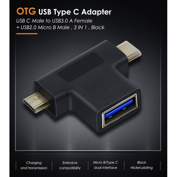 CABLETIME αντάπτορας USB σε USB-C & micro USB CT-3IN1-AB, 5Gbps, μαύρος - Σύγκριση Προϊόντων
