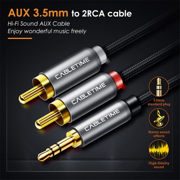 CABLETIME καλώδιο ήχου 3.5mm σε 2x RCA CT-P12G, 3m, μαύρο - CABLETIME