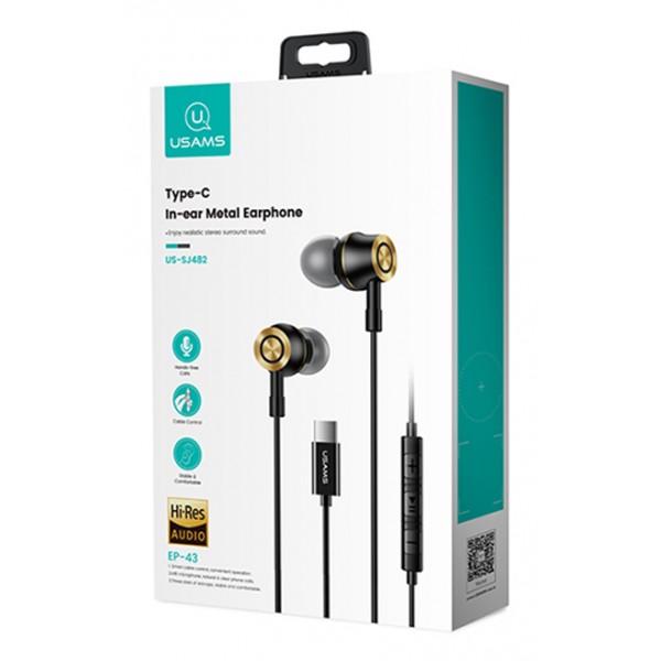 USAMS earphones με μικρόφωνο US-SJ482, USB-C σύνδεση, Φ10mm, 1.2m, μαύρα