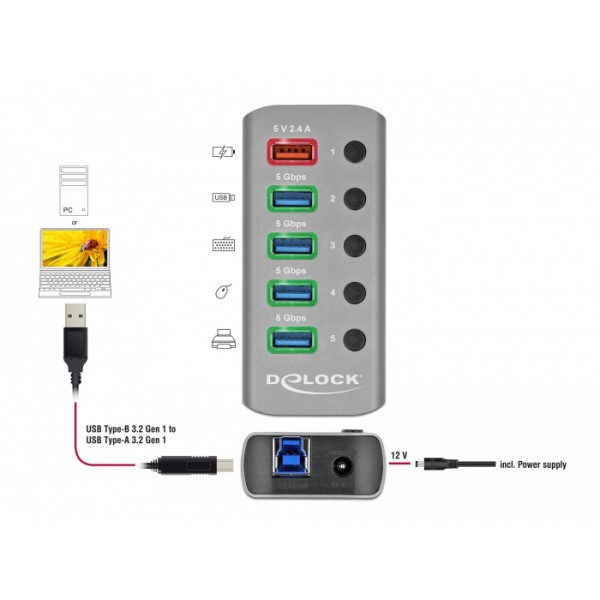 DELOCK USB hub 63262 με διακόπτες, 5x θυρών, 5Gbps, 2.4A, γκρι - DeLock