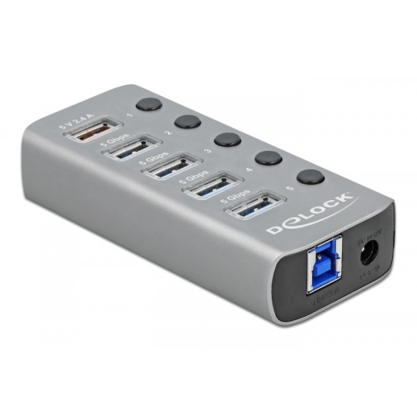 DELOCK USB hub 63262 με διακόπτες, 5x θυρών, 5Gbps, 2.4A, γκρι - DeLock