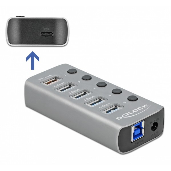 DELOCK USB hub 63263 με διακόπτες, 6x θυρών, 5Gbps, 12V/2.25A PD, γκρι - DeLock