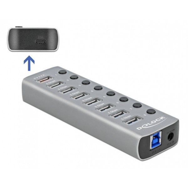 DELOCK USB hub 63264 με διακόπτες, 9x θυρών, 5Gbps, 12V/2.25A PD, γκρι - DeLock