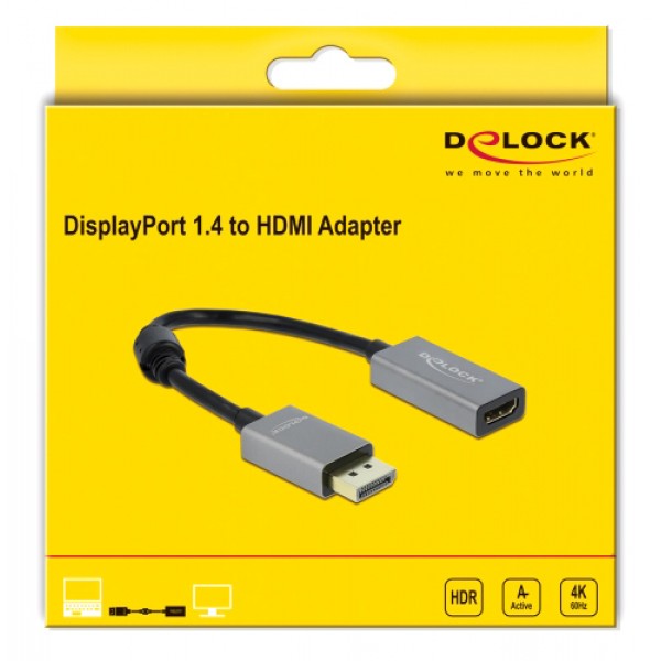 DELOCK αντάπτορας DisplayPort 1.4 σε HDMI 66436, 4K/60Hz, active, γκρι - DeLock