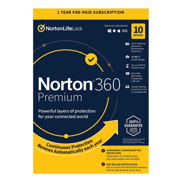 NORTON Antivirus 360 Premium ESD, 10 συσκευές, 75GB cloud, 1 έτος - Antivirus