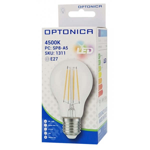 OPTONICA LED λάμπα A60 Filament 1311, 8W, 4500K, E27, 810lm - OPTONICA