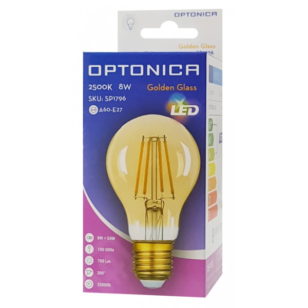OPTONICA LED λάμπα A60 Filament 1796, 8W, 2500K, E27, 700lm - OPTONICA