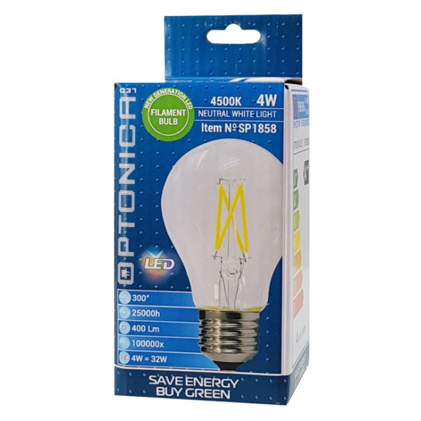 OPTONICA LED λάμπα A60 Filament 1858, 4W, 4500K, E27, 400lm - OPTONICA