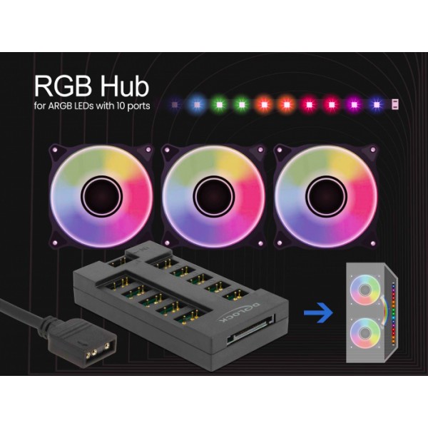 DELOCK RGB hub 64128 για ARGB LEDs, 10 θύρες, μαύρο - Ψύξη - Modding