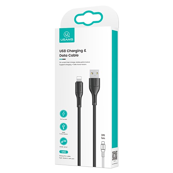 USAMS καλώδιο USB σε Lightning US-SJ500, 2A, 1m, μαύρο
