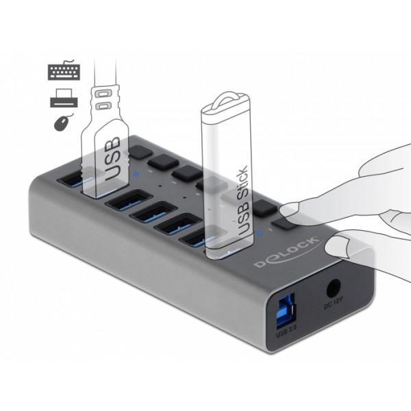 DELOCK USB hub 63669 με διακόπτες, 7x θυρών, 5Gbps, γκρι - DeLock