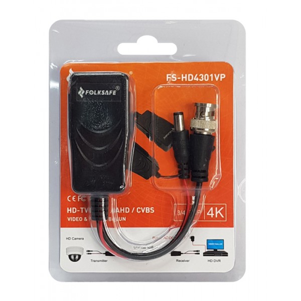 FOLKSAFE video & power balun transmitter FS-HD4301VP, 4K, έως 400m, RJ45 - FOLKSAFE