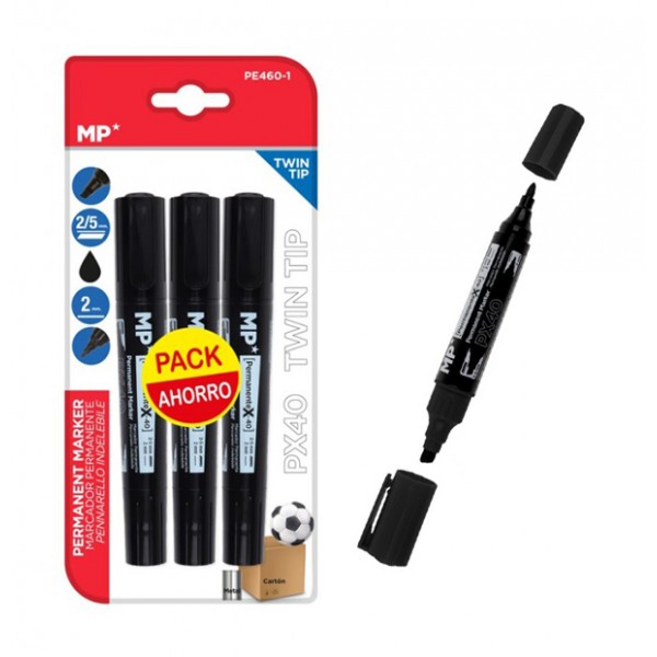 MP ανεξίτηλος μαρκαδόρος PE460-1, με 2x μύτες 2/5mm & 2mm, μαύρος, 3τμχ - Γραφική Ύλη