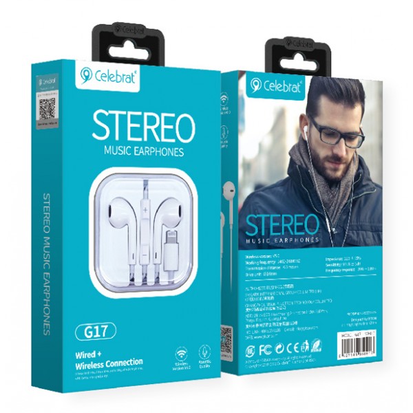 CELEBRAT earphones με μικρόφωνο G17, Lightning, Φ14mm, 1.2m, λευκά - CELEBRAT