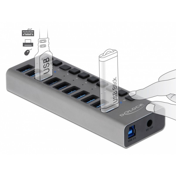 DELOCK USB hub 63670 με διακόπτες, 10x θυρών, 5Gbps, γκρι - DeLock