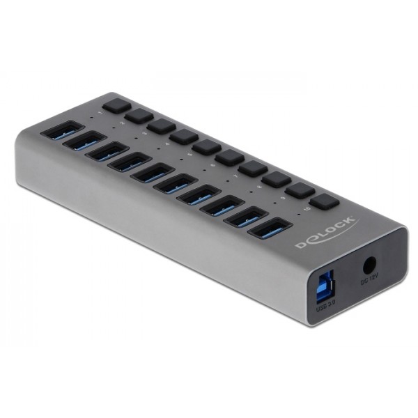 DELOCK USB hub 63670 με διακόπτες, 10x θυρών, 5Gbps, γκρι - DeLock