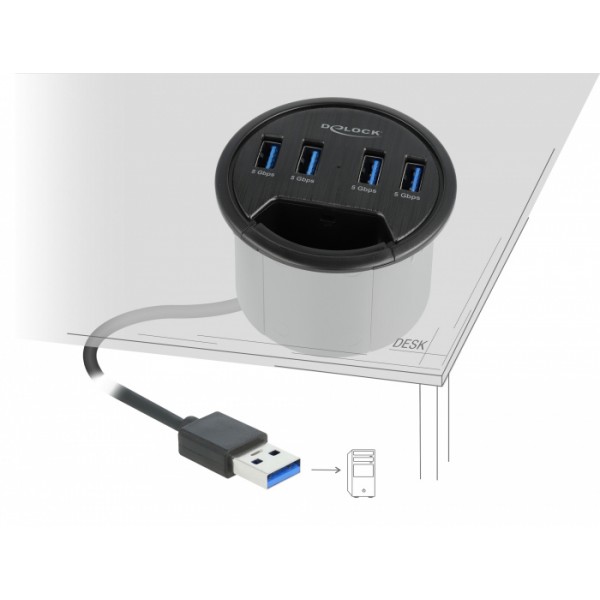 DELOCK USB hub 64153, 4x θυρών, 5Gbps, Φ60mm, USB σύνδεση, μαύρο - DeLock