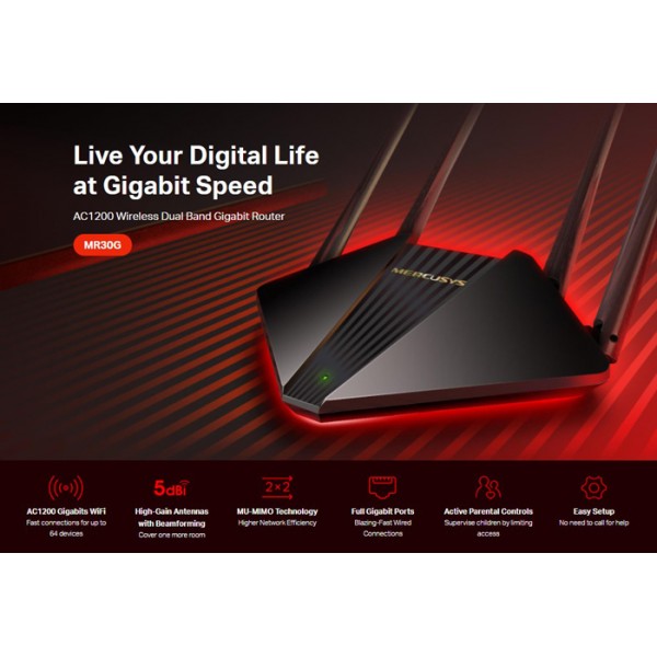MERCUSYS wireless Gigabit router MR30G, Wi-Fi 1200Mbps AC1200, Ver. 1.0 - MERCUSYS