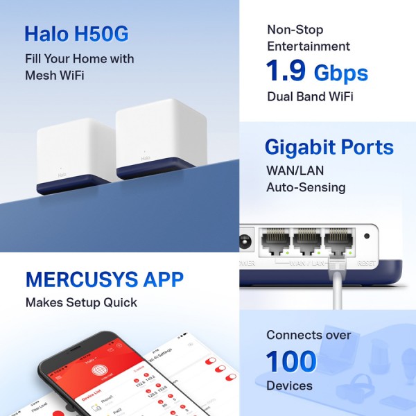 MERCUSYS Mesh Wi-Fi System Halo H50G, 1.9Gbps Dual Band, 3τμχ, Ver. 1.0 - MERCUSYS