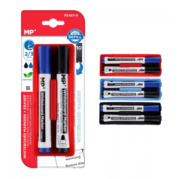 MP μαρκαδόροι & σφουγγάρι ασπροπίνακα PE487-9, 2/3mm μαύρος & μπλε, 2τμχ - Αναλώσιμα - Είδη Γραφείου