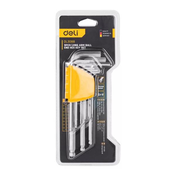 DELI σετ κλειδιά Allen DL3088 με μακρύ βραχίονα, 1.5-10mm, Cr-V, 9τμχ