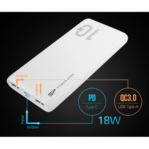 SILICON POWER power bank QP15, 10000mAh, 2x USB & USB Type-C, 3A, λευκό - Power Bank