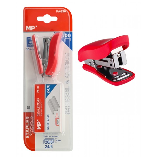 MP mini συρραπτικό με ανταλλακτικά PA636, 24/6-26/6, 10 φύλλα, κόκκινο - Αναλώσιμα - Είδη Γραφείου