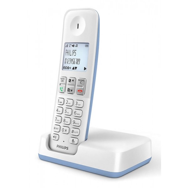 PHILIPS ασύρματο τηλέφωνο D2501S-34, με ελληνικό μενού, λευκό-μπλε - Ασύρματες Συσκευές